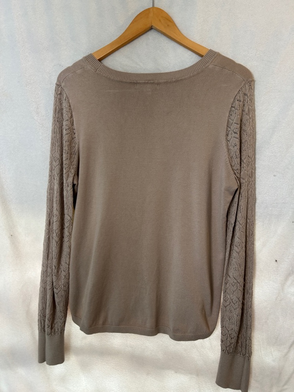 Taupe Knit Sweater with Lace Sleeve Panels - Picture 7 of 11